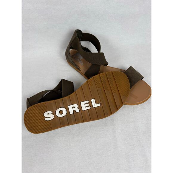 Sorel Women's Ella II Sandal Size 7 olive leather suede elastic flat shoe - Picture 6 of 7